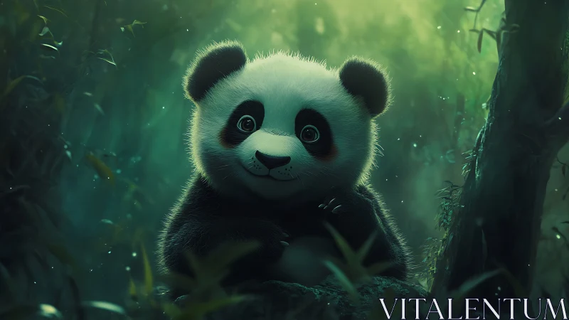 Adorable baby panda glows softly in a dreamy forest scene.