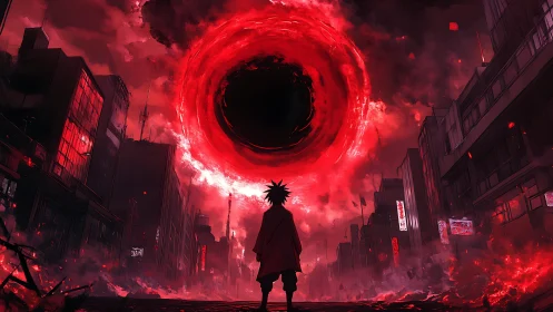 Urban event horizon under apocalyptic crimson vortex field.