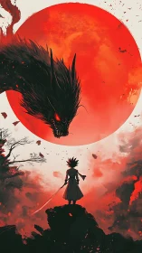 Samurai silhouette confronting dragon spirit beneath blood moon