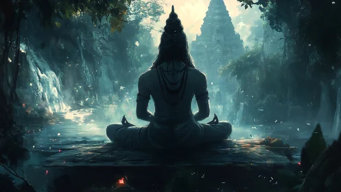 Meditating deity overlooks misty jungle temple at dawn