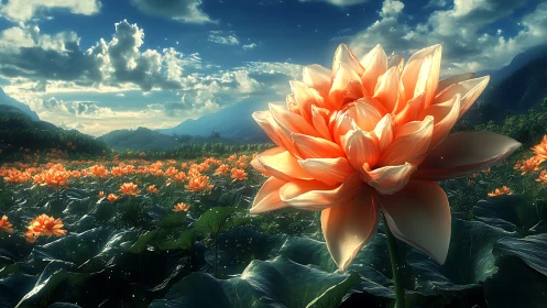 Sunlit coral lotus macro in expansive mountain valley field.