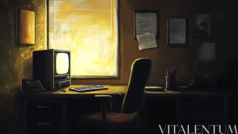 Retro office desk glows under harsh window backlight at dusk
