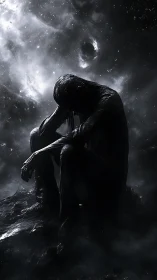 Shrouded figure sits in cosmic void, steeped in despair.