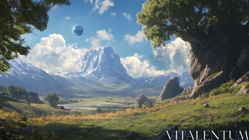 Epic alien valley under floating planet and vast tree.