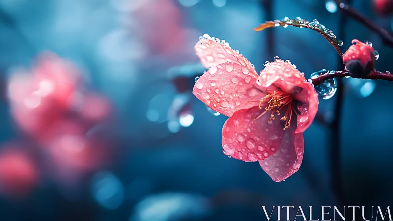 Pink Flower Petals with Water Droplets in Blue Bokeh.