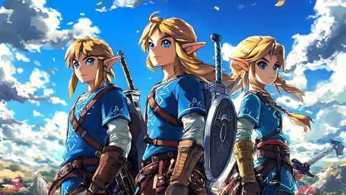 Triple heroic elf warriors rendered in dynamic anime style