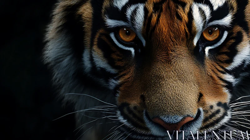 Close-up tiger portrait with intense golden eyes in shadow.