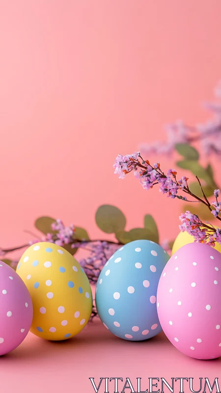 Pastel polka dot Easter eggs with blossom accents on pink.