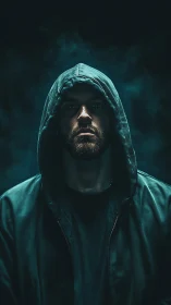 Hooded man in low key teal lighting facing forward.