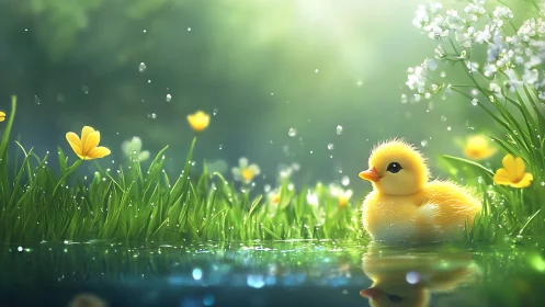 Sunlit duckling in dewy spring pond with shallow depth-of-field