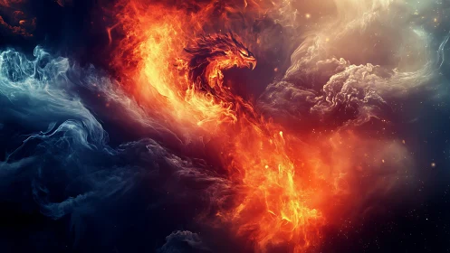 Thermodynamic fire-dragon vortex amid nebular turbulence.