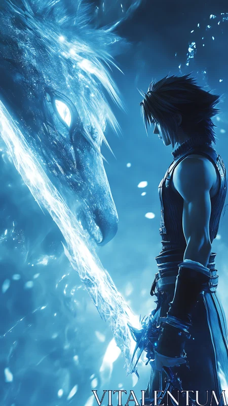 Starlit swordsman meets luminous ice dragon in hush blue.