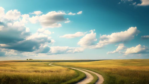 Curving country road traverses sunlit pastoral grassland under clouds
