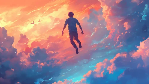 Boy ascends through radiant sunset clouds in dream sky.