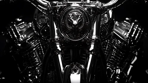 Chromed steel beast glows in noir studio darkness.