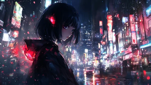 Female figure stands in illuminated urban street at night