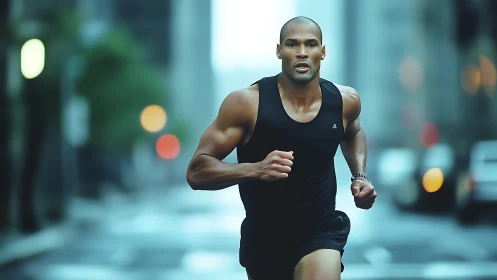 Urban street runner in motion, shallow depth and bokeh glow