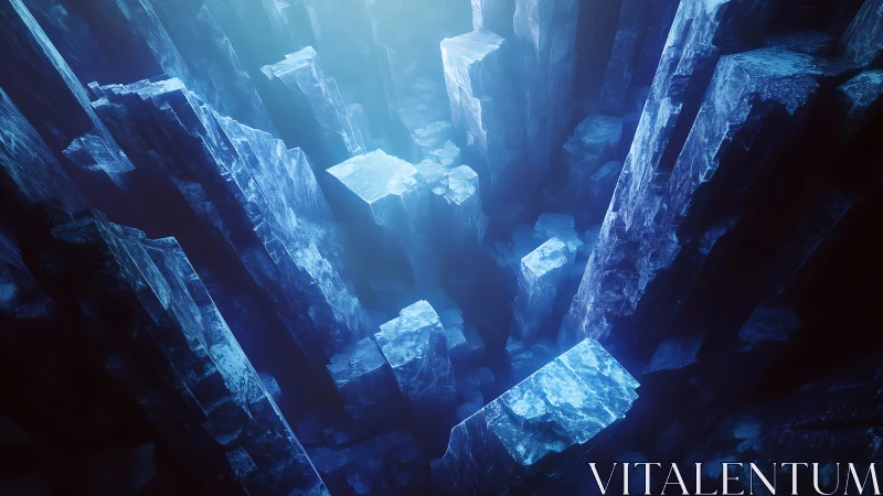 Vertical crystalline canyon with deep blue illuminated strata.