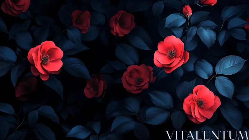 Vibrant Red Roses Bloom Against Deep Blue Foliage