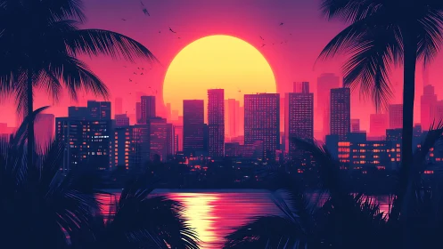 Neon city skyline silhouettes against oversized sunset