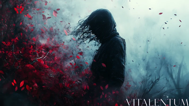 Hooded silhouette drifts through crimson leaves and eerie mist