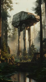 Photorealistic forest mech walk through misted conifer valley.