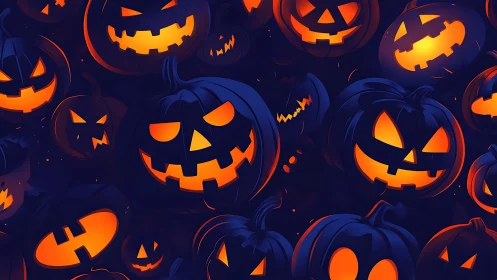 Glowing jack-o&rsquo;-lantern cluster renders stylized Halloween mood