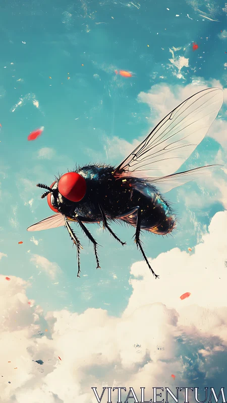 Surreal housefly soaring through bright cloudscape sky.