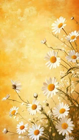 White daisies with golden centers against warm ochre textured background.