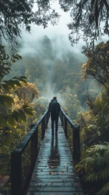 Lone hiker crosses misty forest bridge toward hidden falls