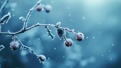 Frozen red berries on branch in soft winter snowfall.