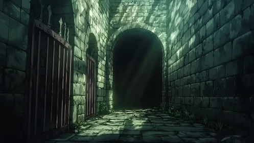 Subterranean stone corridor with volumetric light shafts.