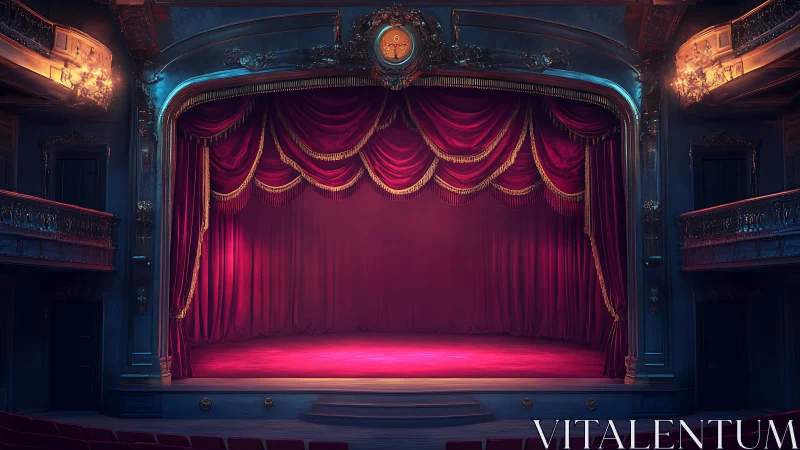Proscenium stage with draped red velour curtain lighting study.