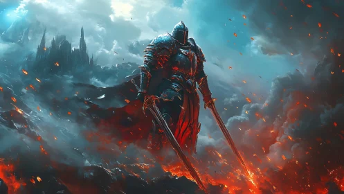 Armored fire knight strides through a storm of molten embers.