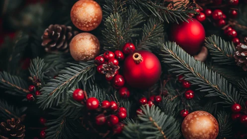 Cozy evergreen wreath with glowing red and gold ornaments.