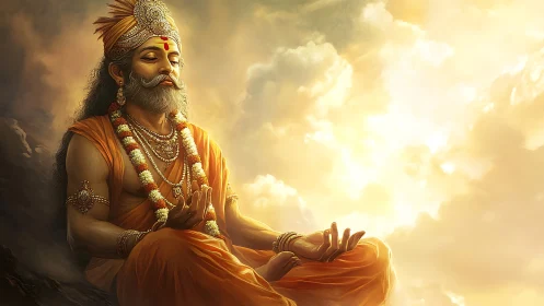 Meditating sage in golden robes under luminous cloud canopy
