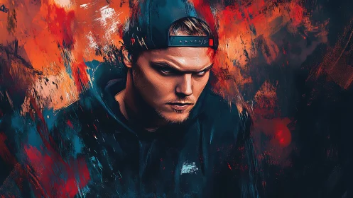 Brooding hooded man in cap amid fiery abstract brushwork.