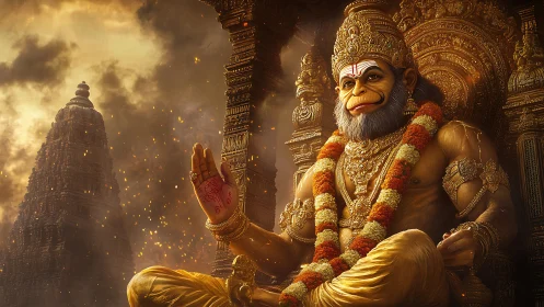 Digital depiction of Hanuman seated before ornate temple.