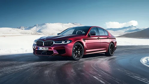 Crimson sports sedan glides confidently across a winter road