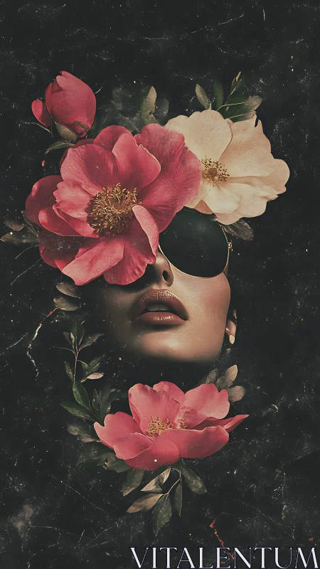Surreal floral portrait with embedded face and dark ground.