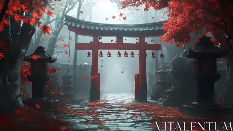 Red torii gate stands in misty forest shrine path with lanterns