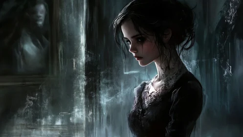 Melancholy ghostlit girl pausing in a rain-streaked hallway.