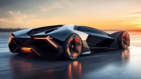 Futuristic electric supercar glows on a sleek sunset highway.