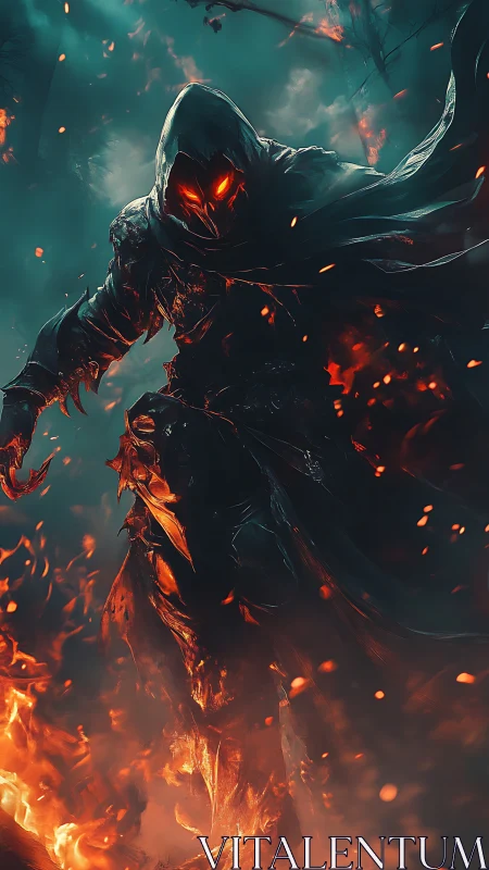 Hooded infernal wraith with molten armor and dynamic ember lighting