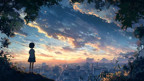Solitary child overlooking luminous city at radiant dusk.