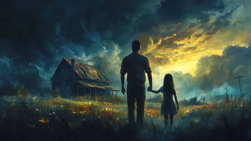 Father and daughter facing stormy sky by rural house.