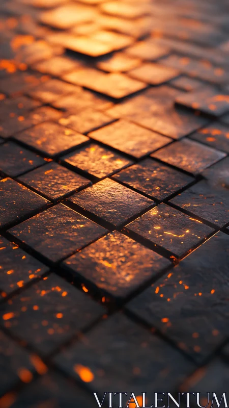 Molten ember-lit basalt tiles under shallow depth-of-field glow