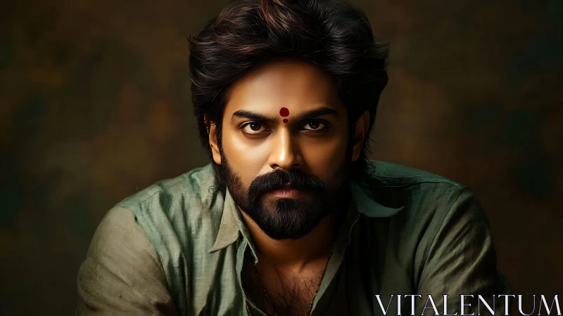 Bearded man with tilak in green shirt, intense portrait.