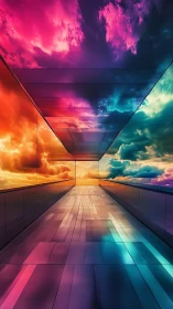 Glass corridor reflects multicolored sunset clouds in perspective