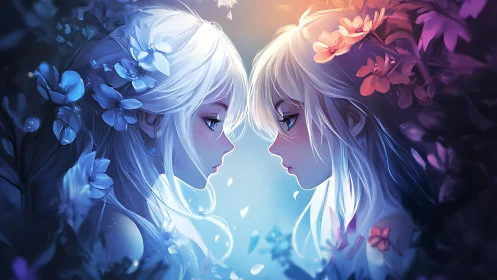 Dual anime portraits with blue and pink floral contrast.